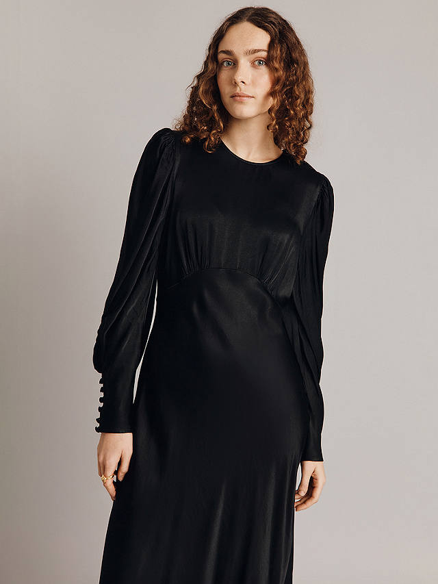 Ghost Fiona Ruched Satin Midi Dress, Black