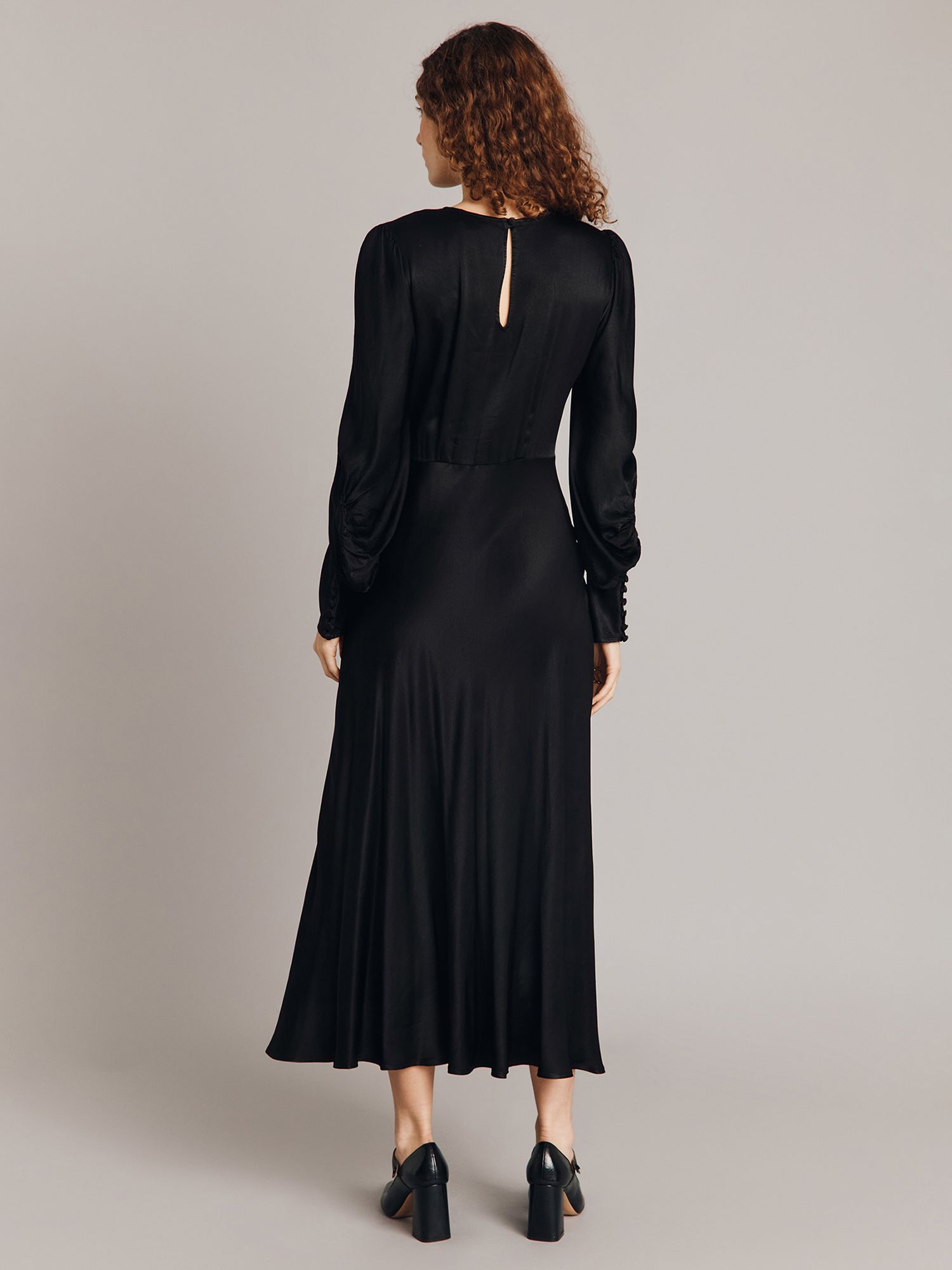 Ghost Fiona Ruched Satin Midi Dress, Black at John Lewis & Partners