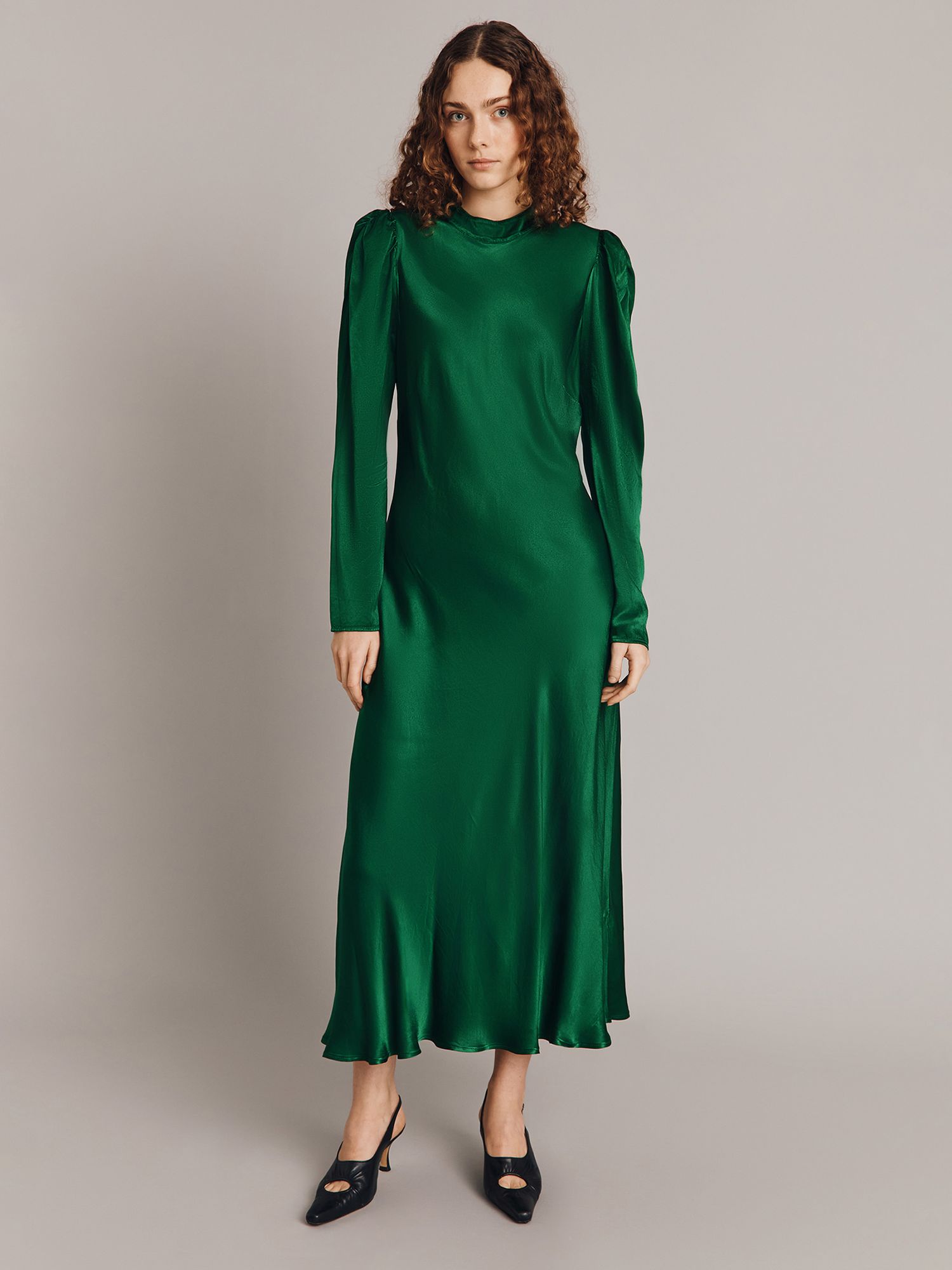 Ghost Harper Puff Sleeve Satin Midi Dress, Green at John Lewis & Partners