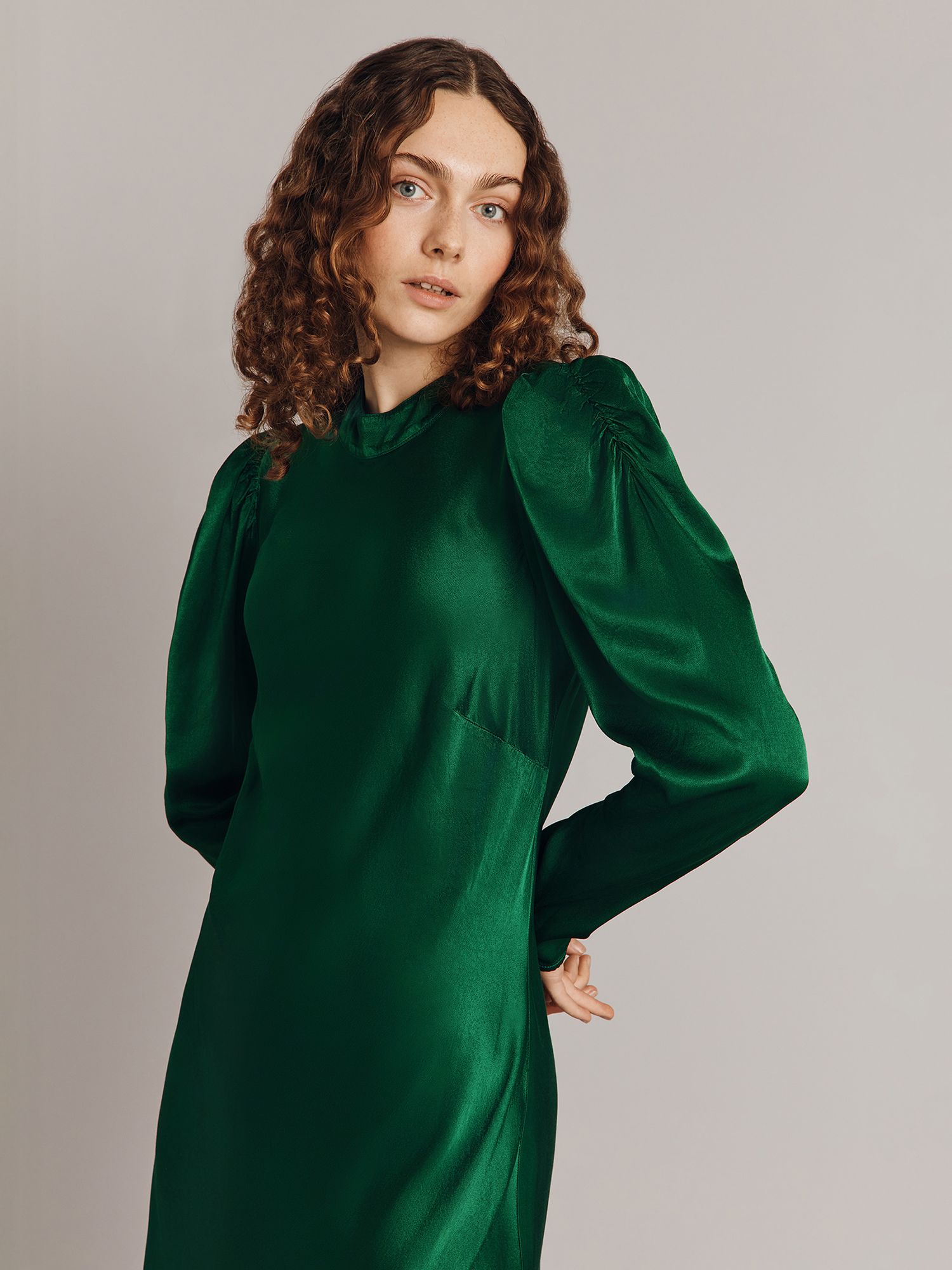 Ghost Harper Puff Sleeve Satin Midi Dress, Green at John Lewis & Partners