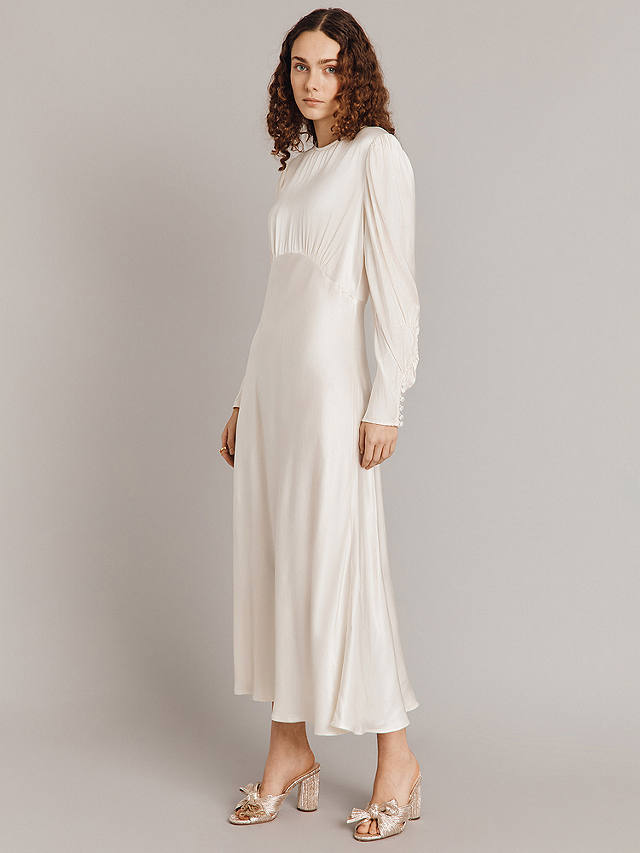 Ghost Fiona Ruched Satin Midi Dress, Ivory