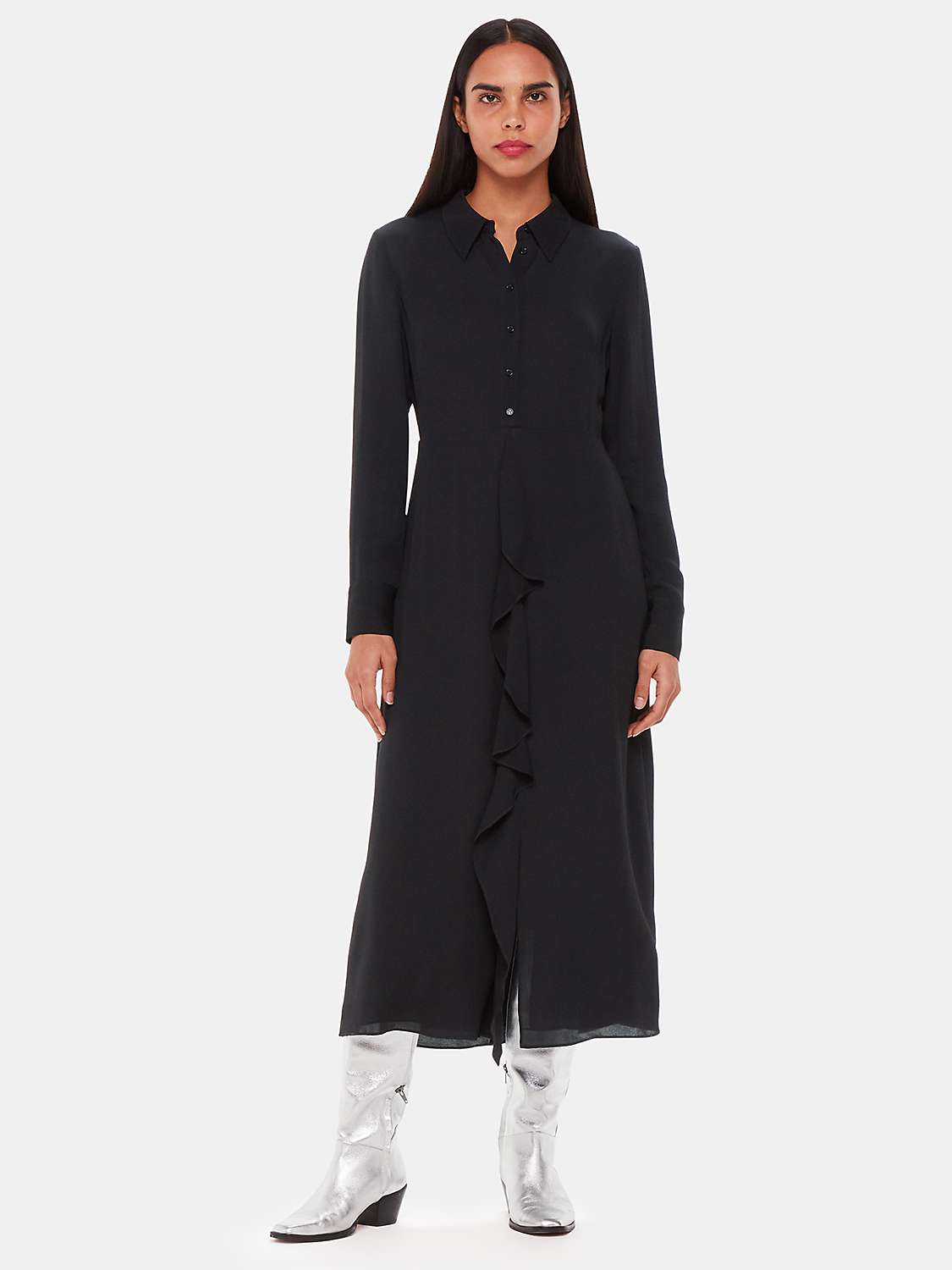 Buy Whistles Lea Ruffle Front Midi Shirt Dress, Black Online at johnlewis.com