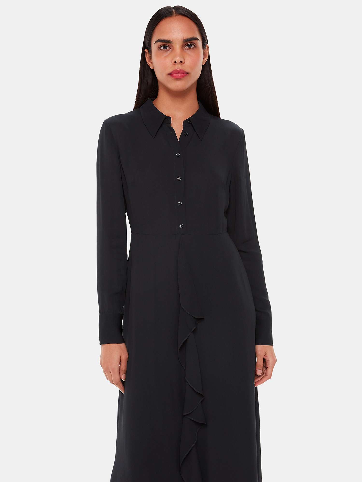 Buy Whistles Lea Ruffle Front Midi Shirt Dress, Black Online at johnlewis.com