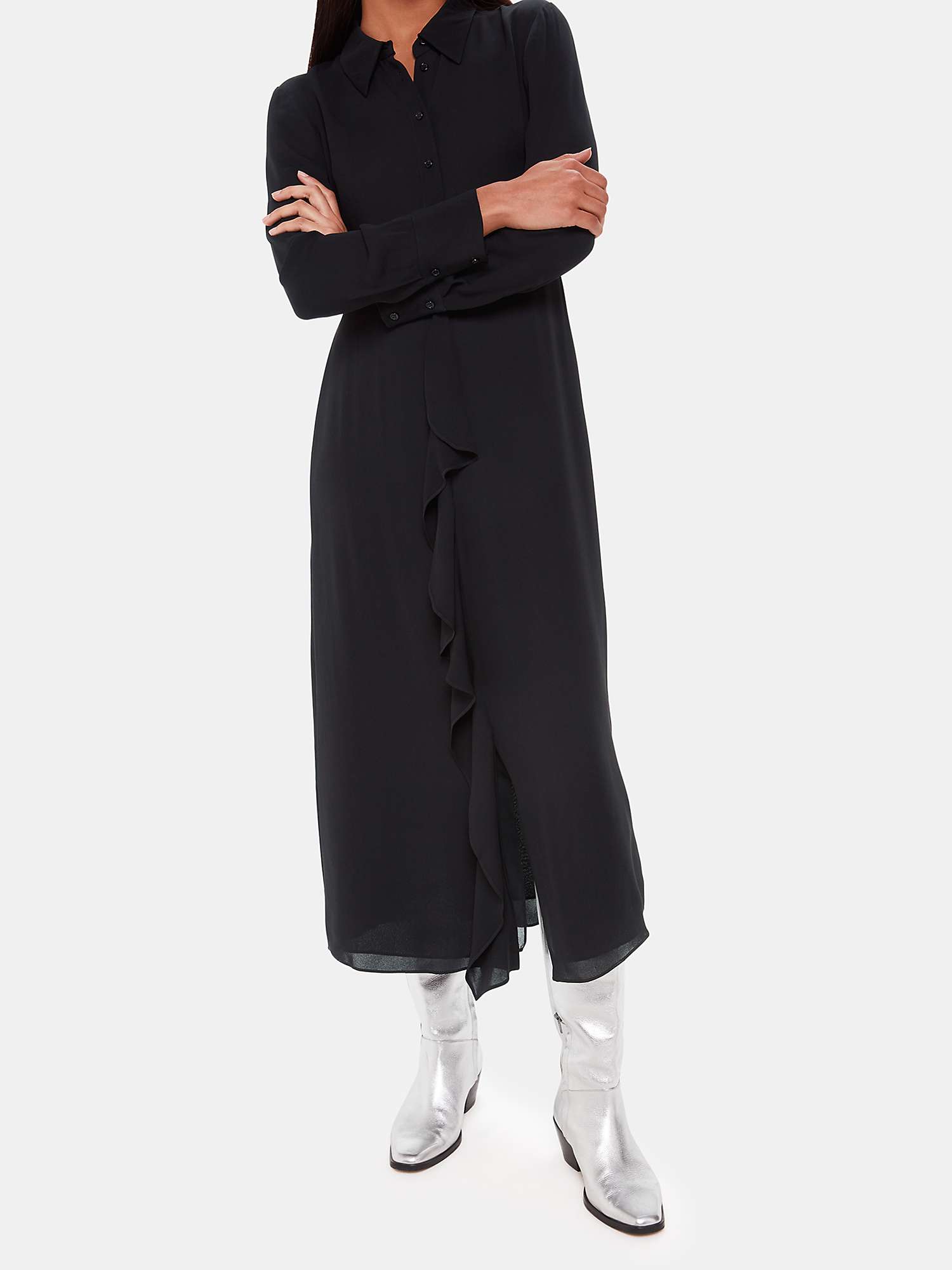 Buy Whistles Lea Ruffle Front Midi Shirt Dress, Black Online at johnlewis.com