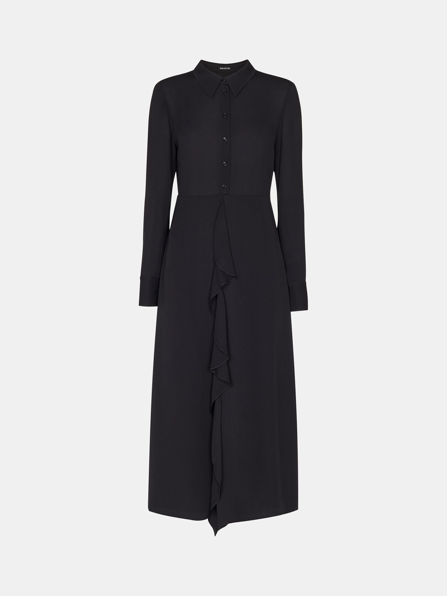 Whistles Lea Ruffle Front Midi Shirt Dress, Black at John Lewis & Partners