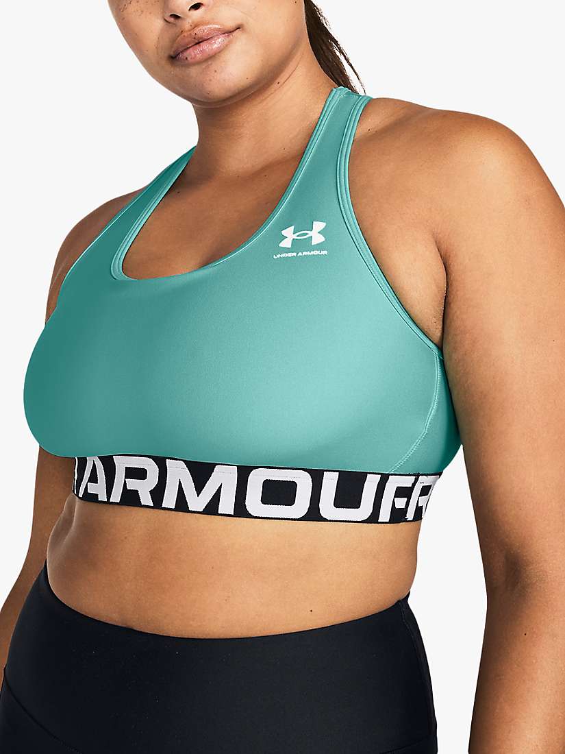 Buy Under Armour HeatGear® Armour Mid Branded Sports Bra, Turquoise/White Online at johnlewis.com