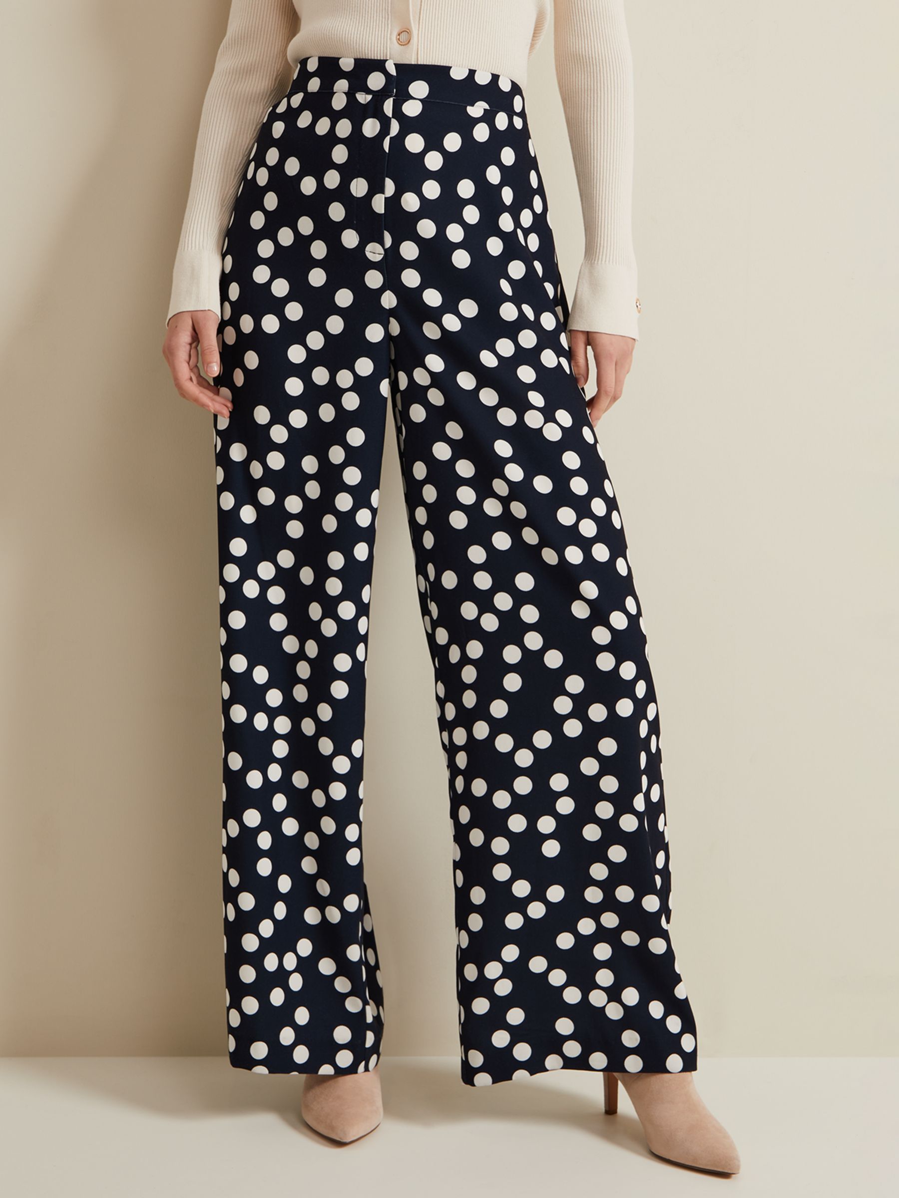 Phase Eight Mairead Polka Dot Wide Leg Trousers, Navy/White, 8