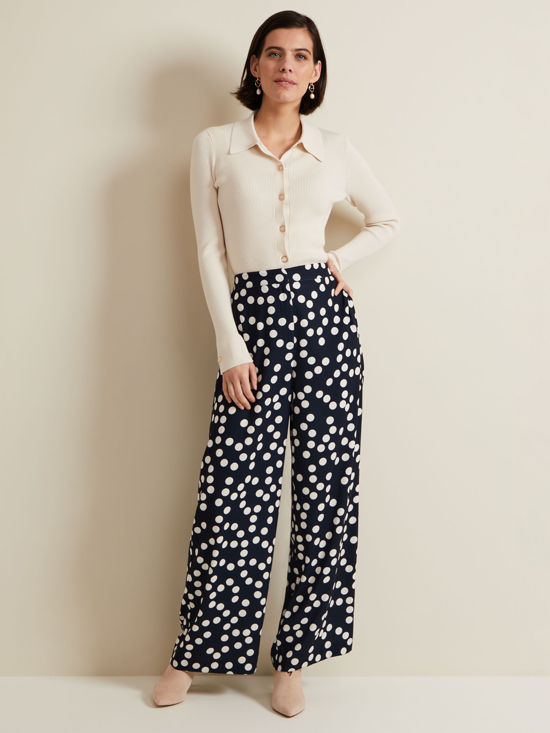 Phase Eight Mairead Polka Dot Wide Leg Trousers, Navy/White, 8