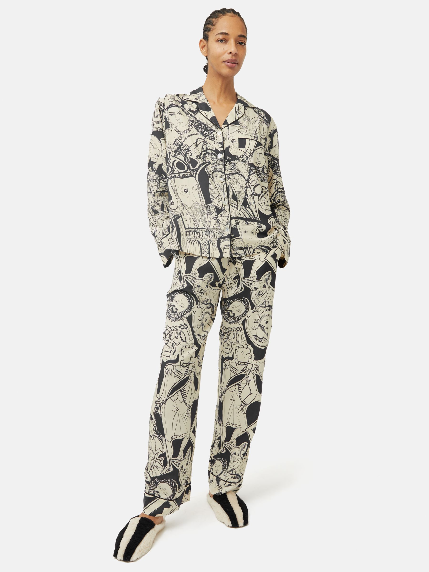 Jigsaw Kings & Queens Print Pyjamas, Cream/Black, S