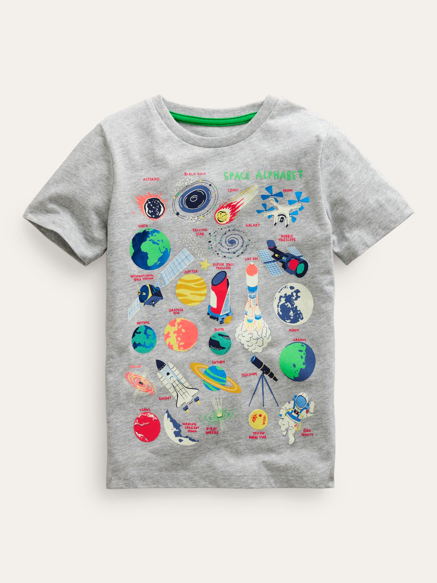 Mini Boden Kids' Glow-In-The-Dark Space Educational T-Shirt, Grey Space Alphabet, 2-3 years