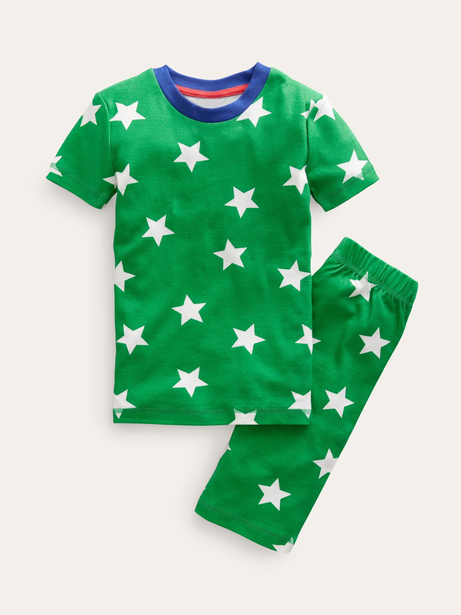 Mini Boden Kids' Star Print Snug Short John Pyjamas, Green/Ecru, 11 years