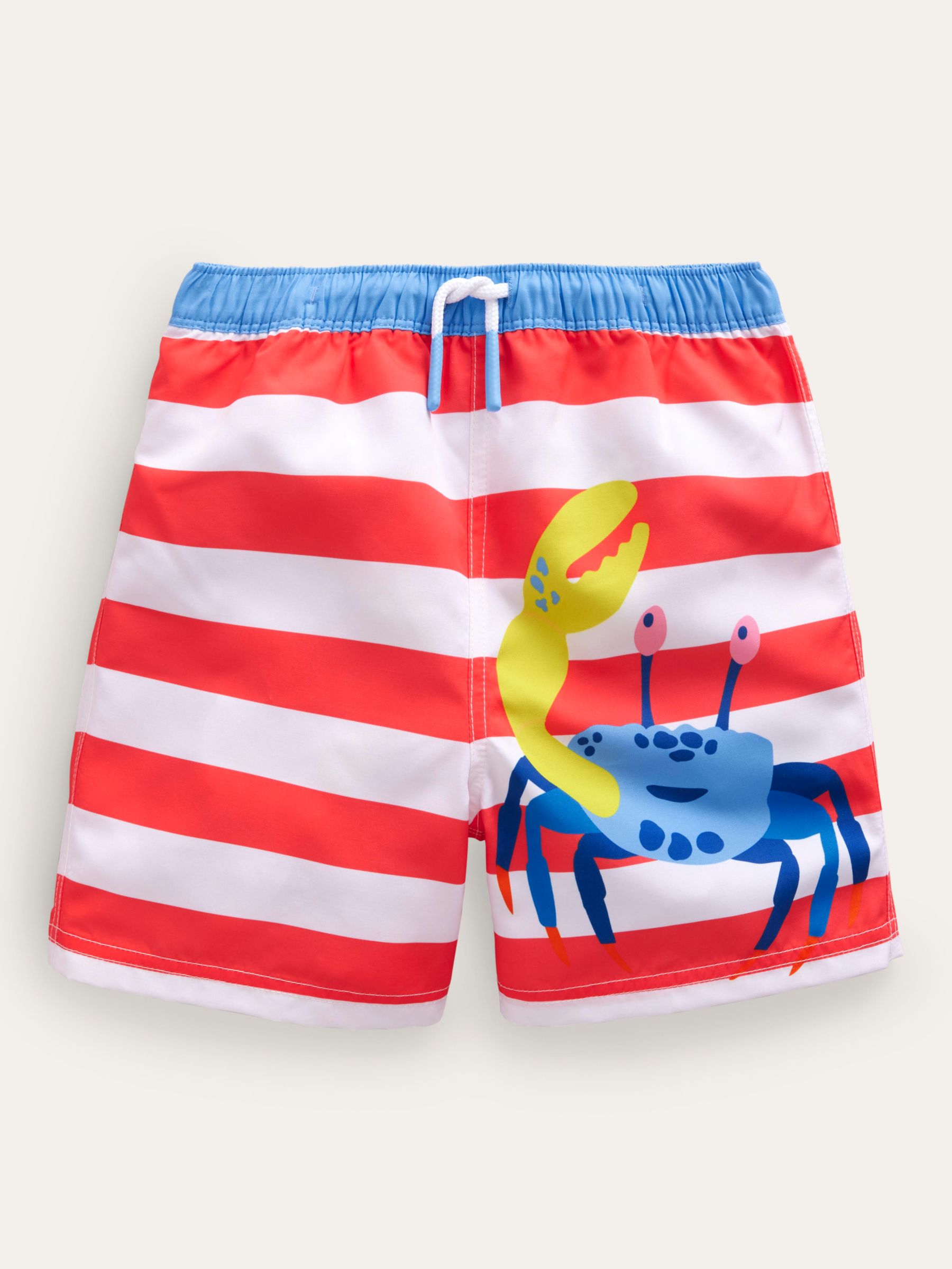 Mini Boden Kids' Crab Stripe Swim Shorts, Red/White, 3-4 years