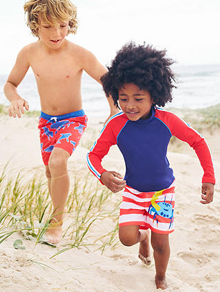 Mini Boden Kids' Crab Stripe Swim Shorts, Red/White