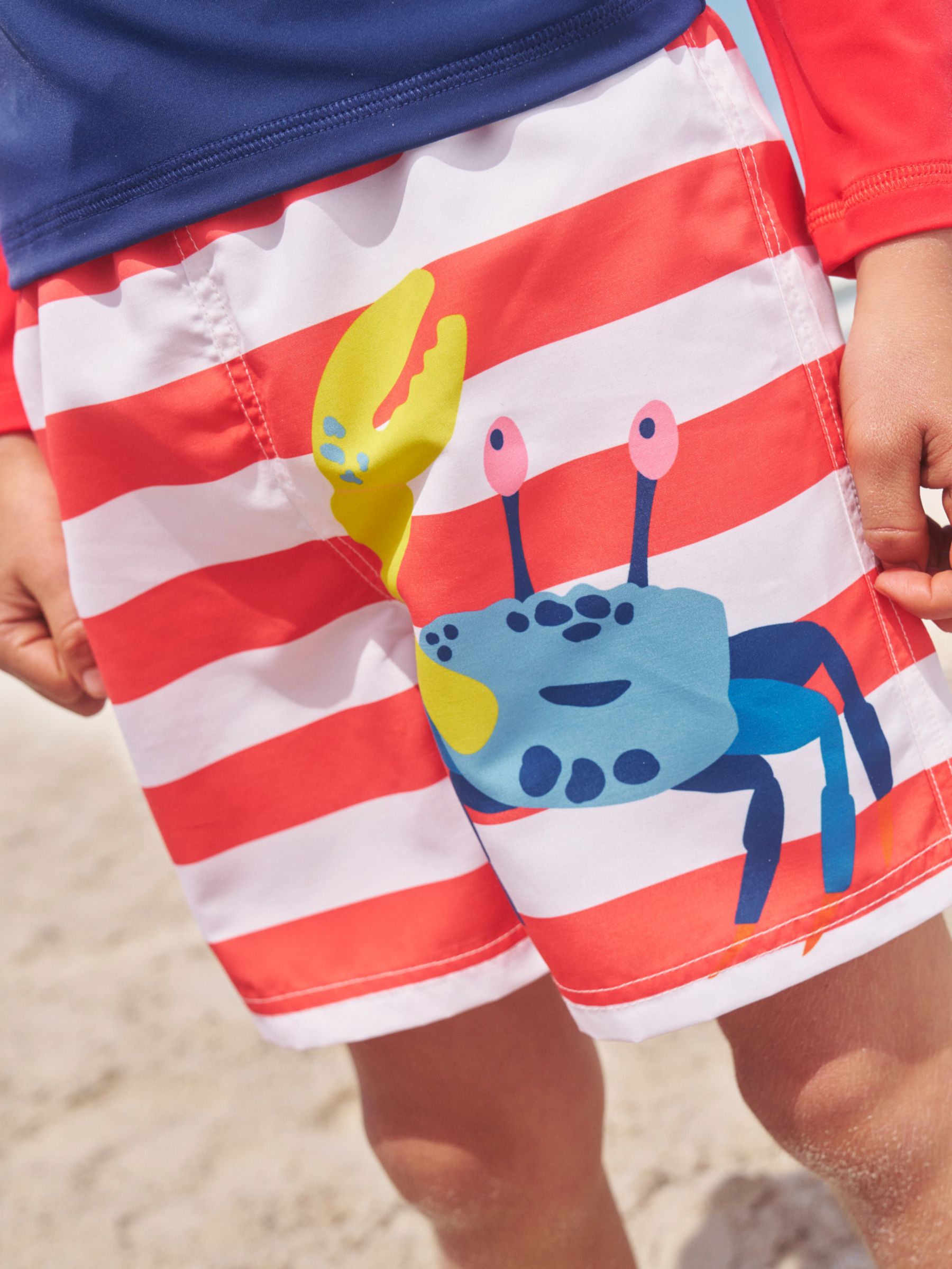 Mini Boden Kids' Crab Stripe Swim Shorts, Red/White, 3-4 years