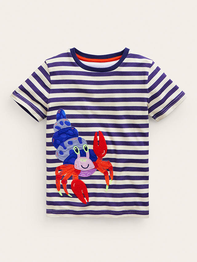 Mini Boden Kids' Applique Crab Stripe T-Shirt, Sapphire/Ivory