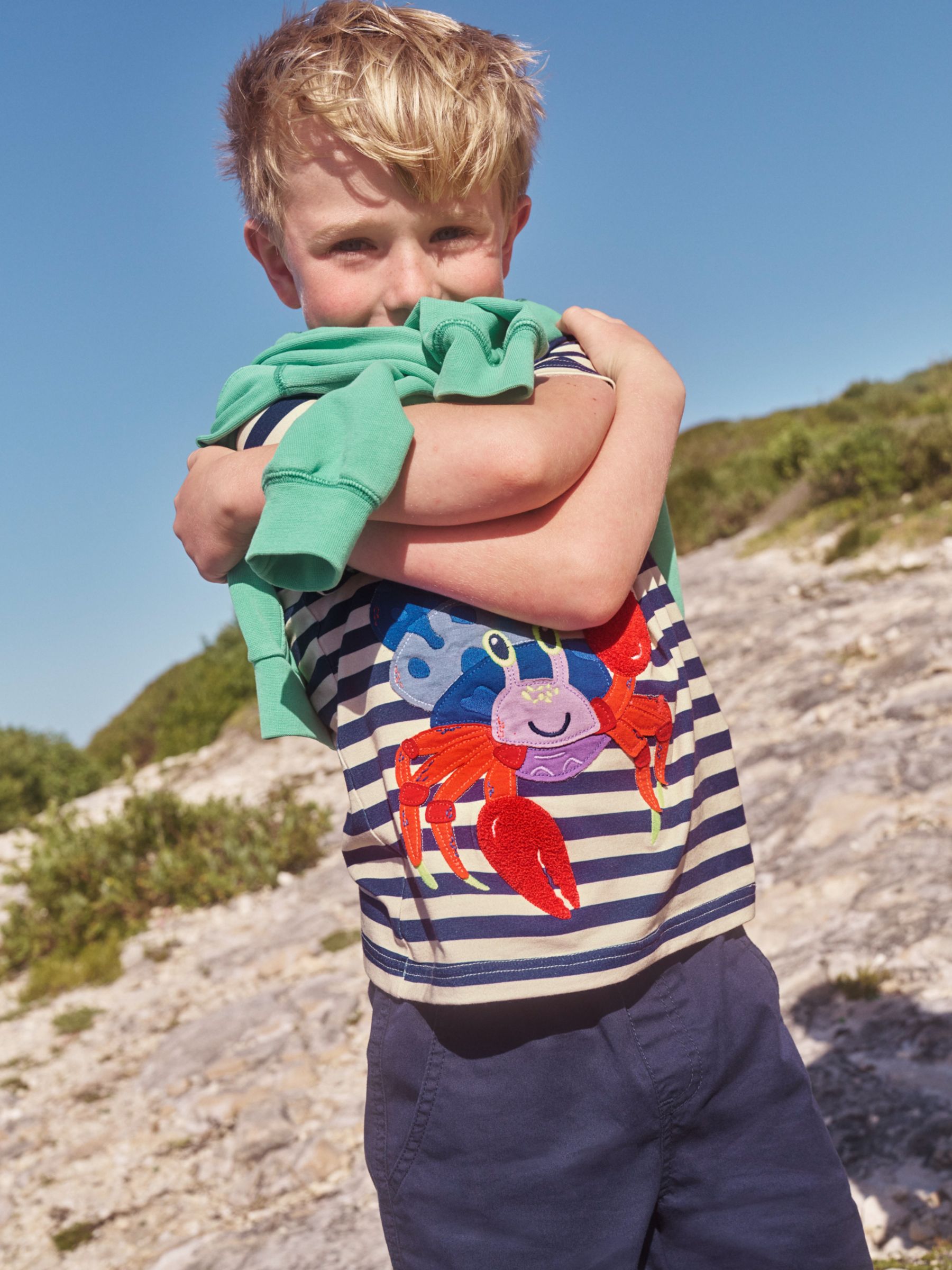 Buy Mini Boden Kids' Applique Crab Stripe T-Shirt, Sapphire/Ivory Online at johnlewis.com