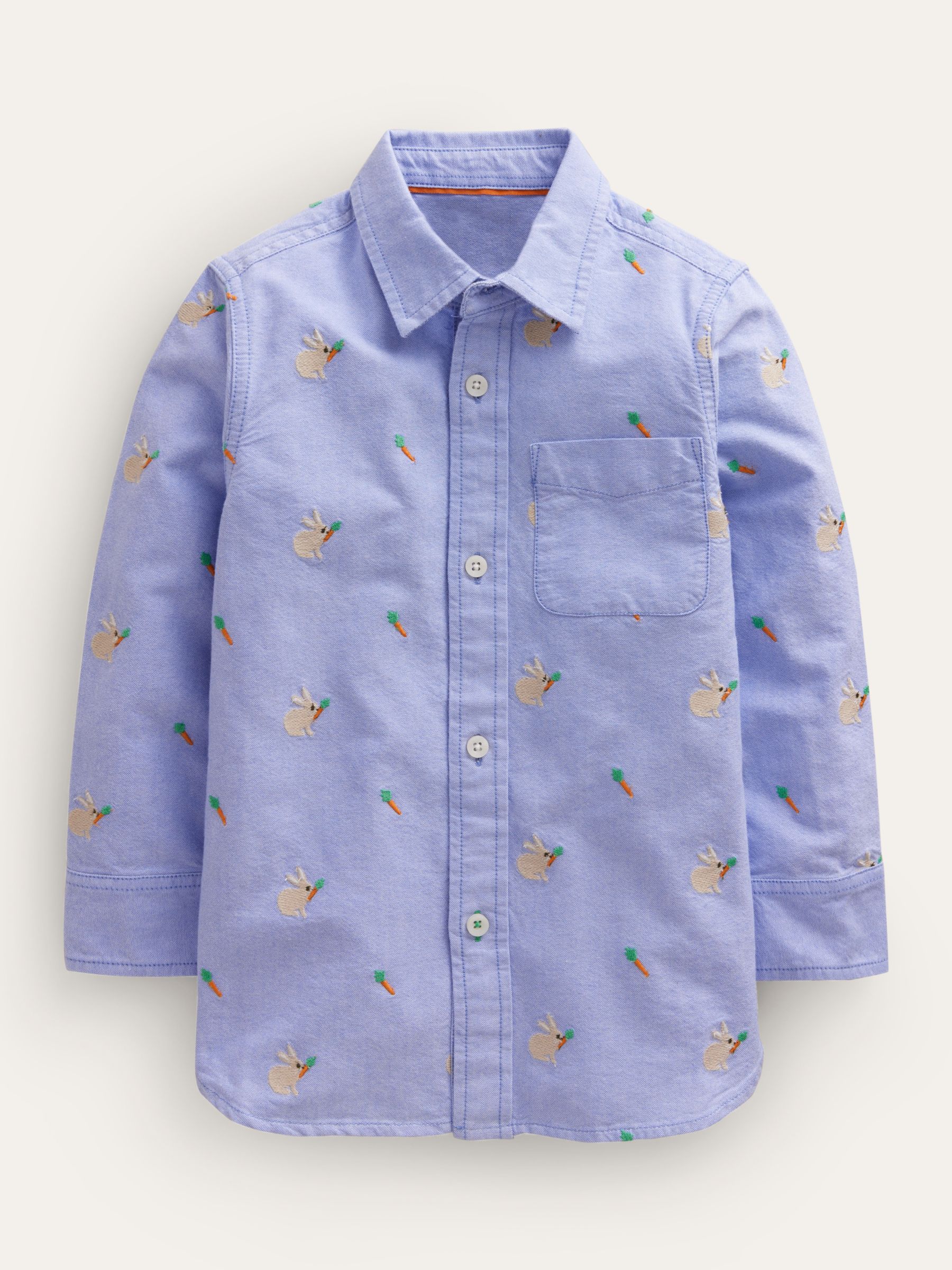 Mini Boden Kids' Embroidered Bunny Oxford Shirt, Blue, 4-5 years