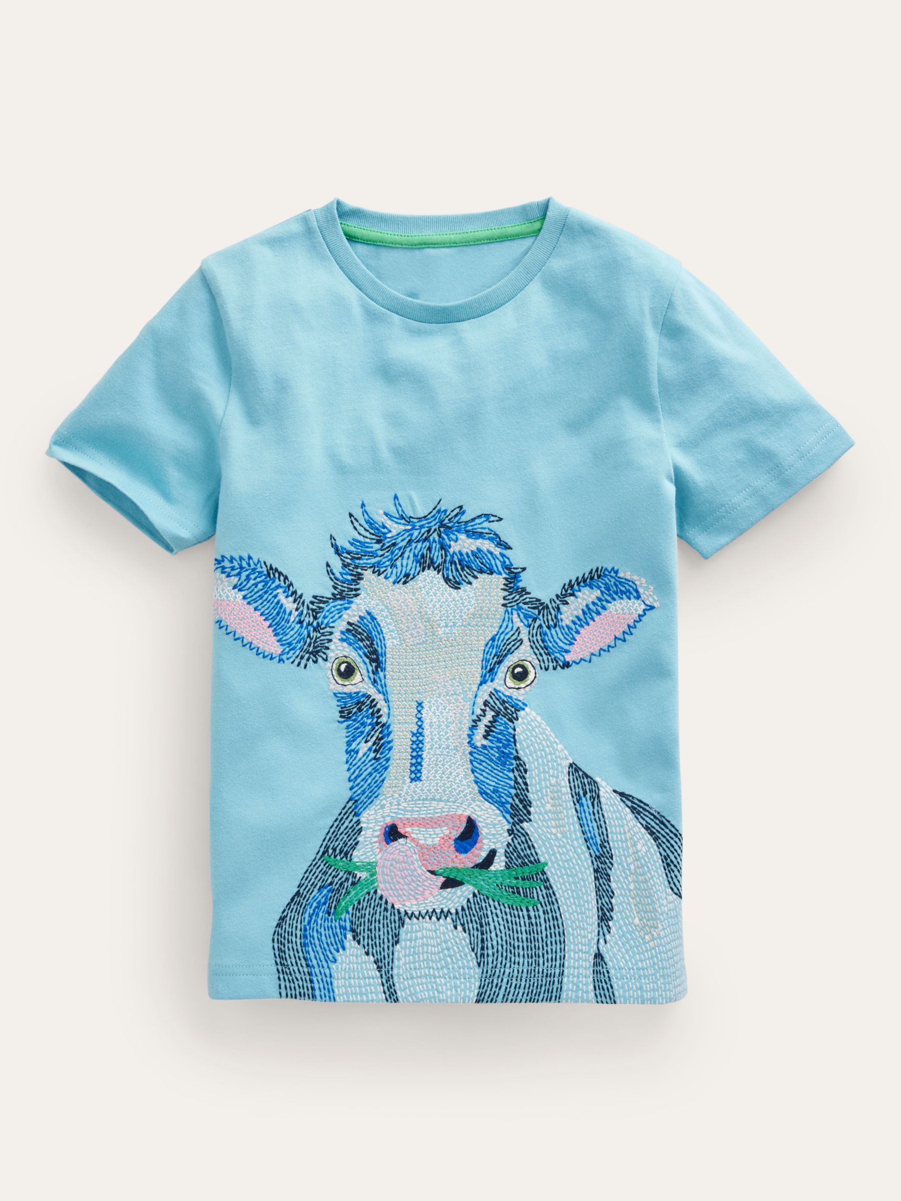 Mini Boden Kids' Superstitch Cow T-Shirt, Dephinium Blue at John