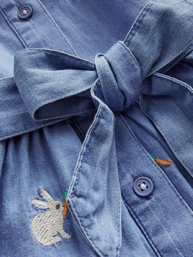 Mini Boden Kids' Embroidered Bunnies Shirt Dress, Blue Chambray