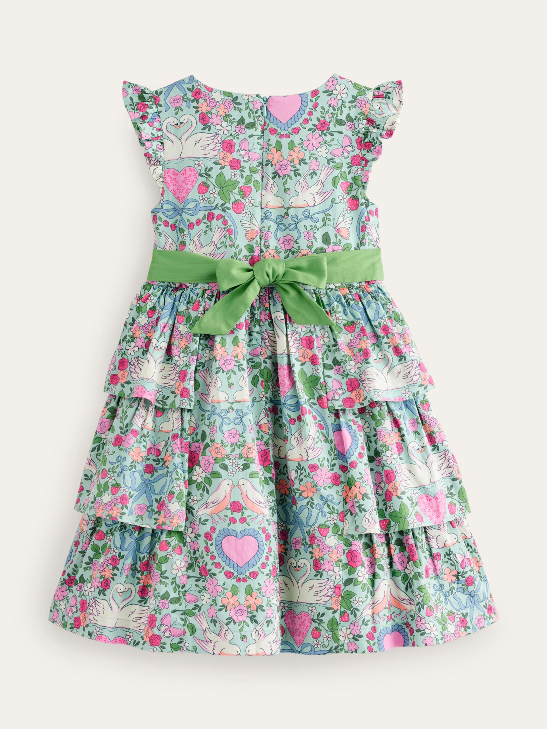 Mini Boden Kids' Love Birds Heritage Party Dress, Green/Multi, 2-3 years