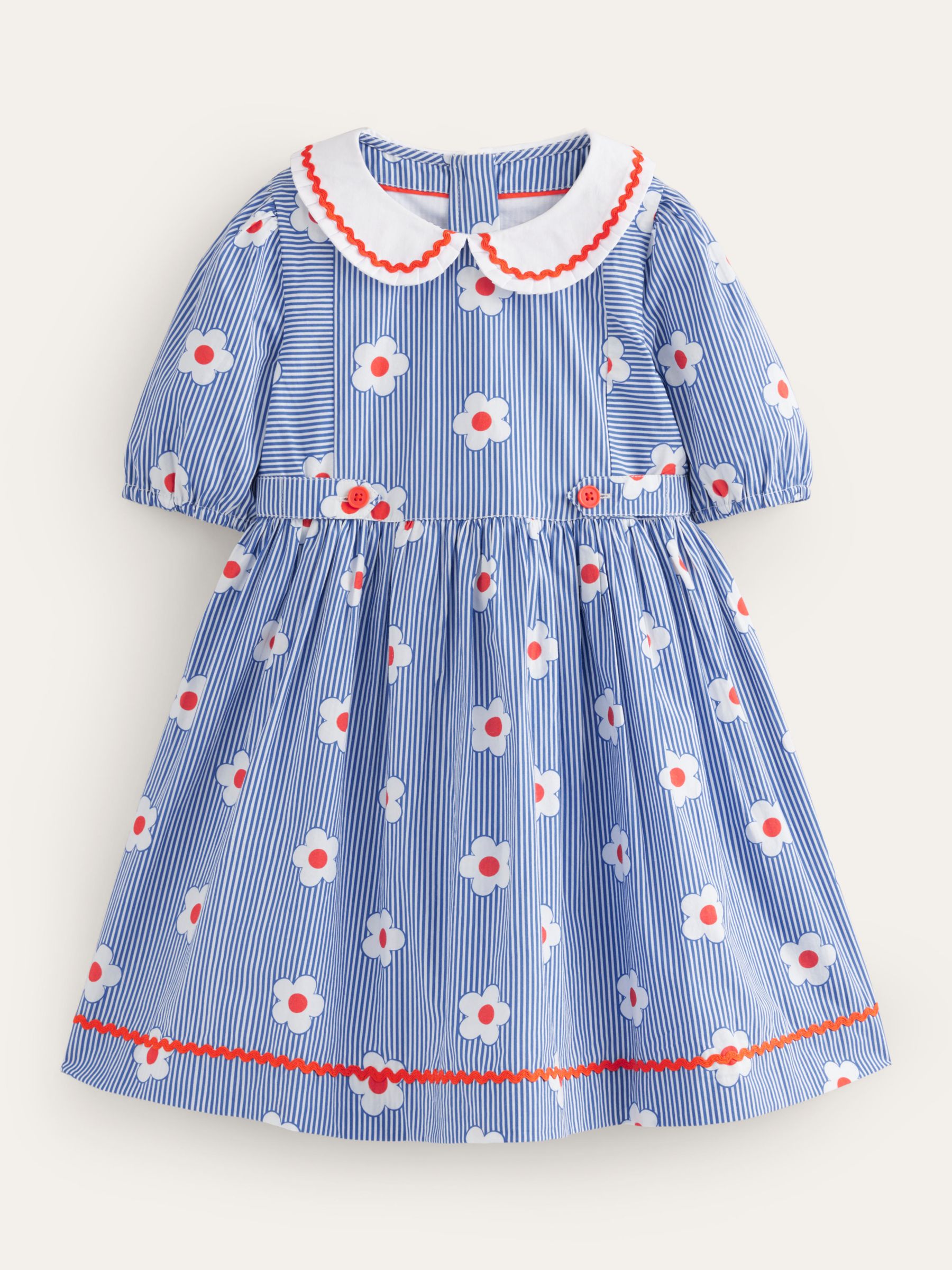 Mini Boden Dove + Heart Holiday Print Dress Toddler 3-4 Blue Multi