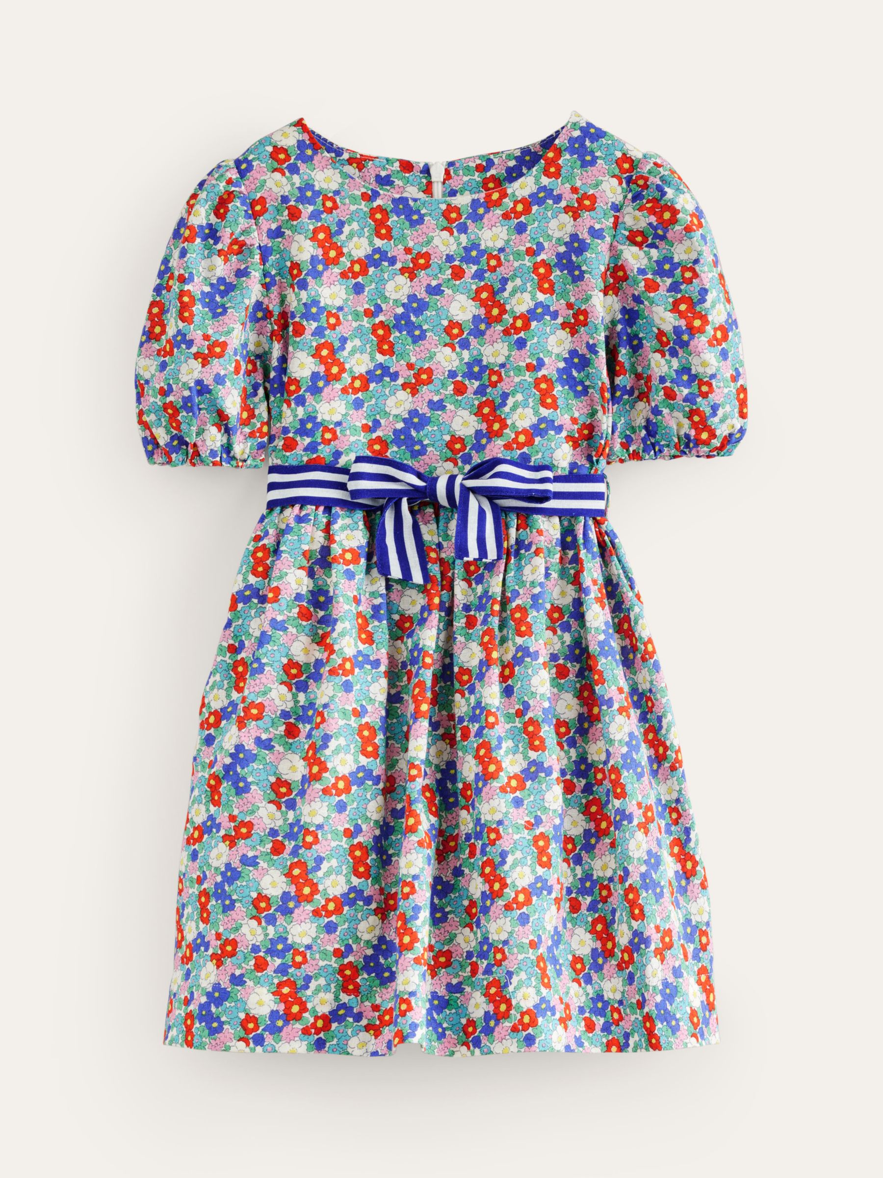 Buy Mini Boden Kids' Floral Linen Blend Vintage Bow Dress, Nautical Floral Online at johnlewis.com