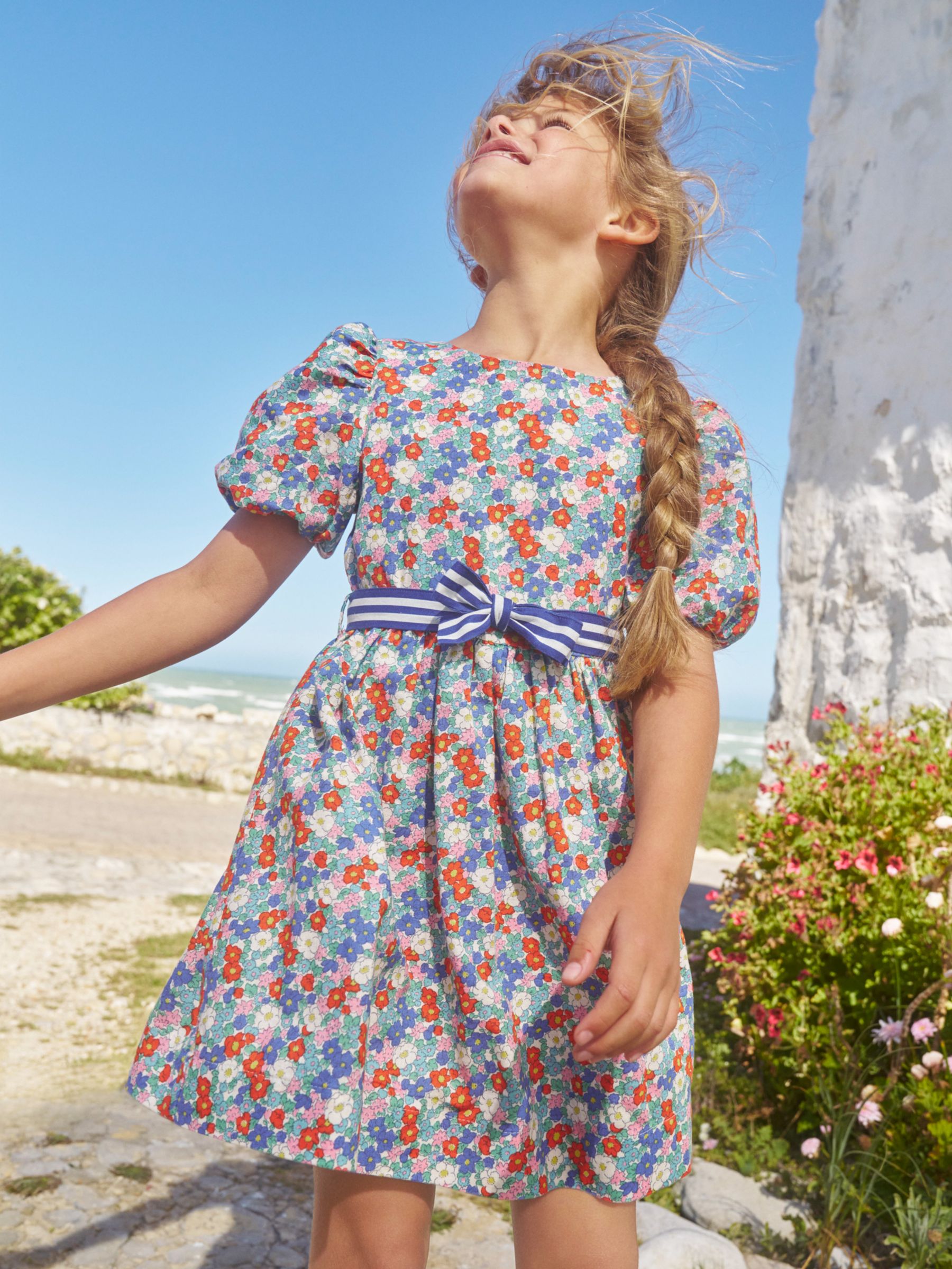 Mini Boden Kids' Floral Linen Blend Vintage Bow Dress, Nautical Floral, 3-4 years