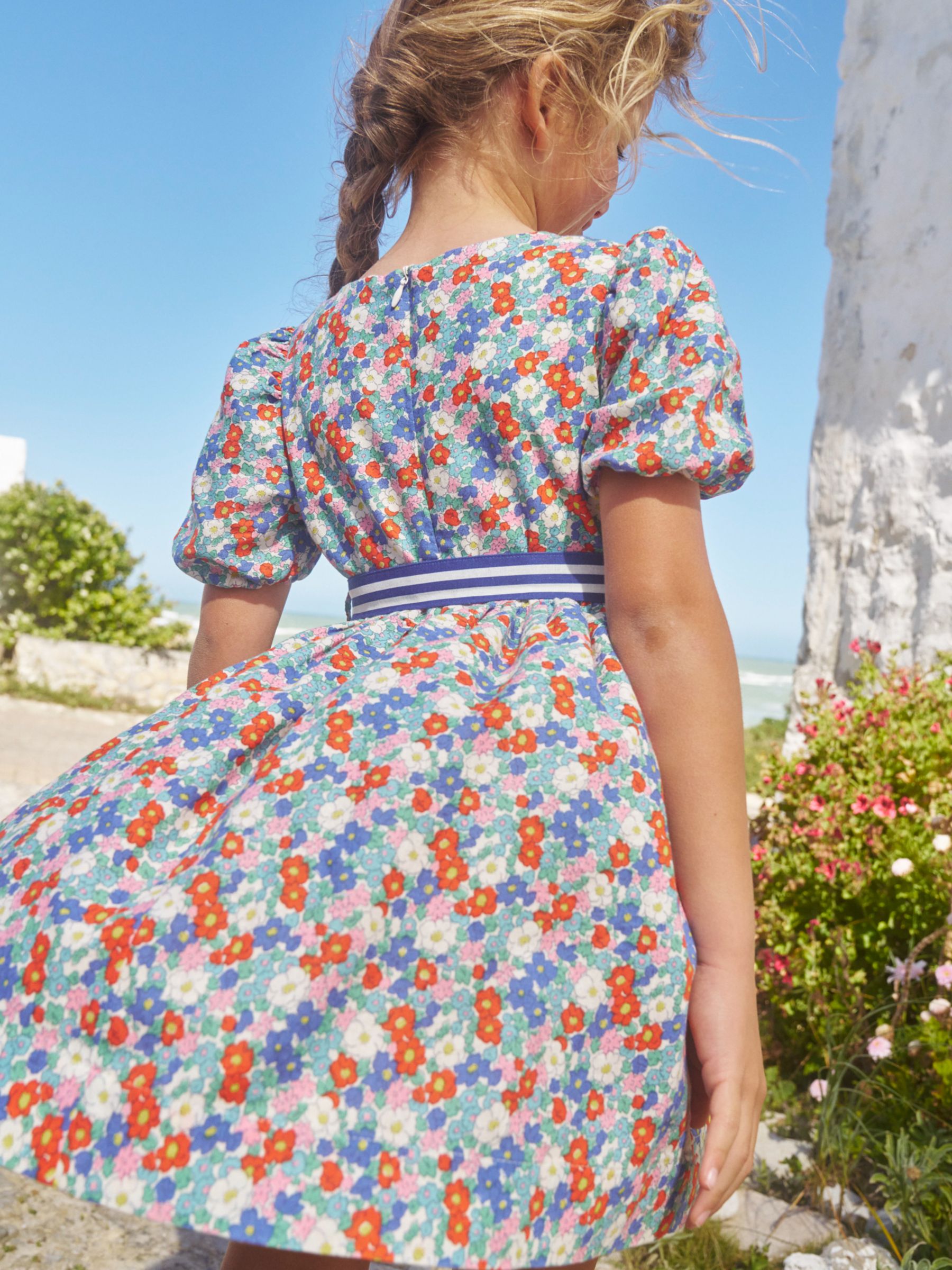 Buy Mini Boden Kids' Floral Linen Blend Vintage Bow Dress, Nautical Floral Online at johnlewis.com