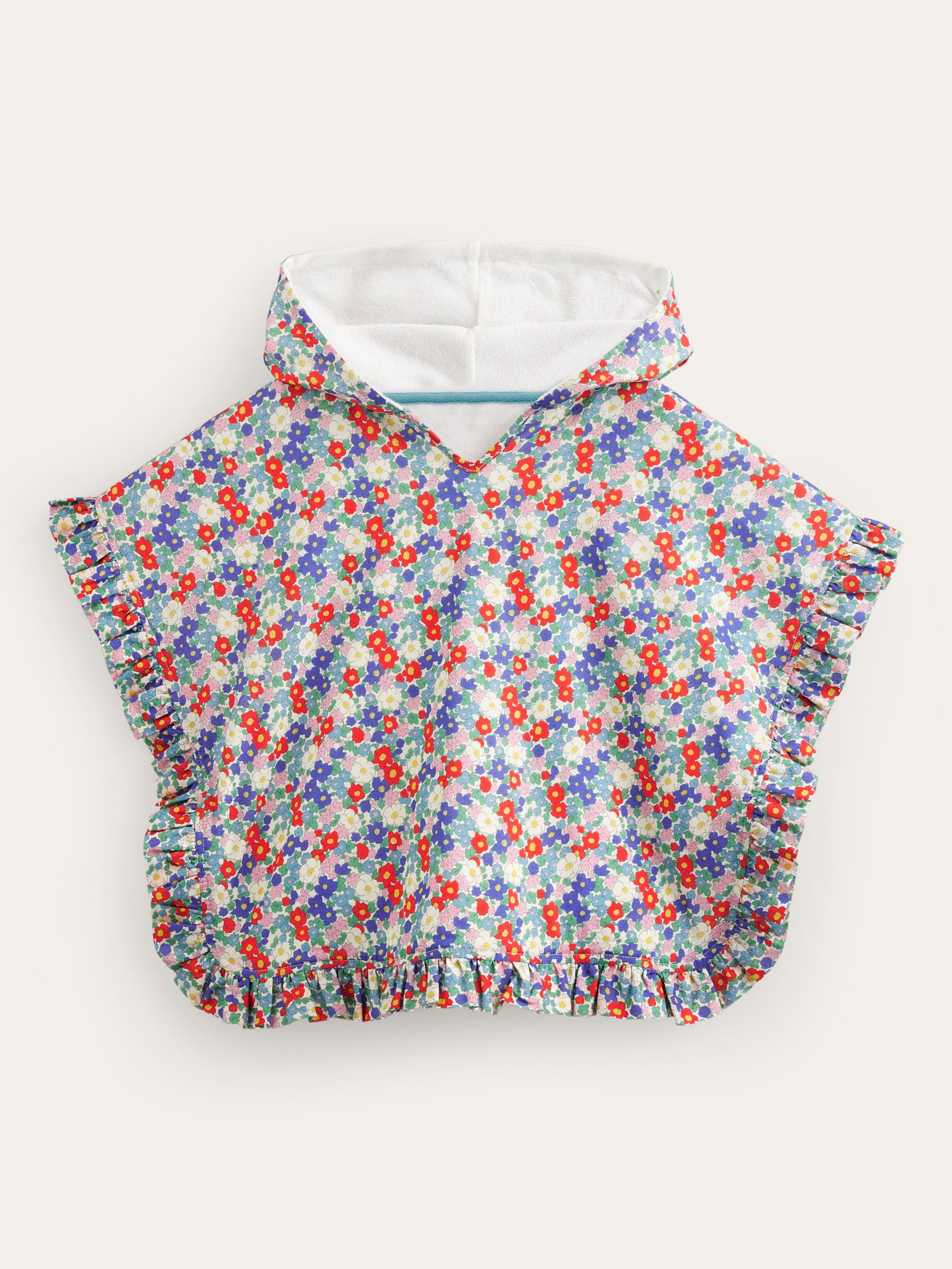 Mini Boden Kids' Floral Towelling Hoodie Poncho, Nautical Floral, L