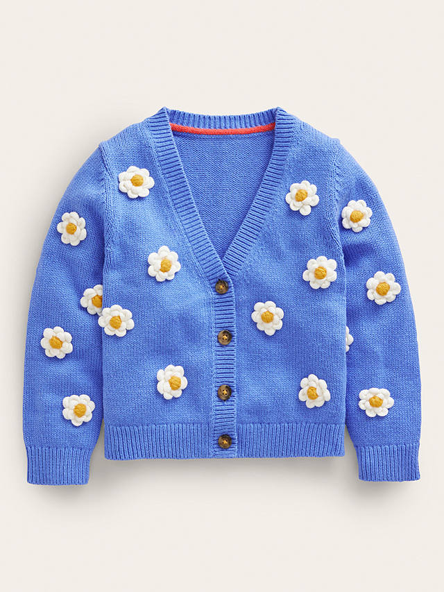 Mini Boden Kids' Fun Daisy Crochet Wool Blend Cardigan, Blue Heron