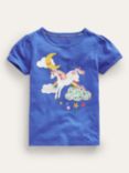 Mini Boden Kids' Unicorn Puff Sleeve Applique T-Shirt, Bluejay