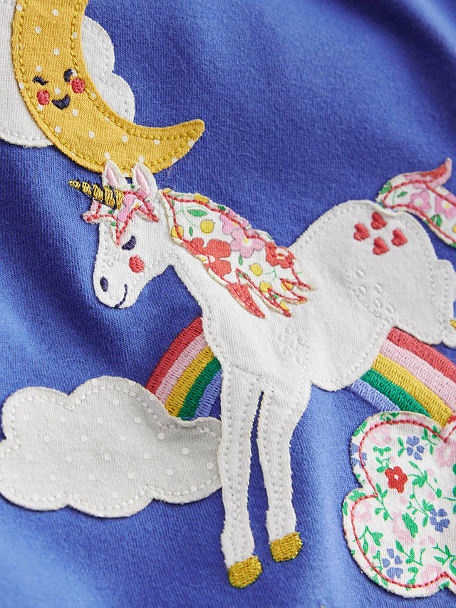 Mini Boden Kids' Unicorn Puff Sleeve Applique T-Shirt, Bluejay