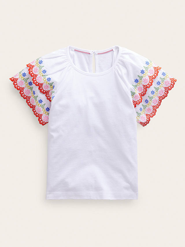 Mini Boden Kids' Broderie Sleeve Mix T-Shirt, Ivory/Multi