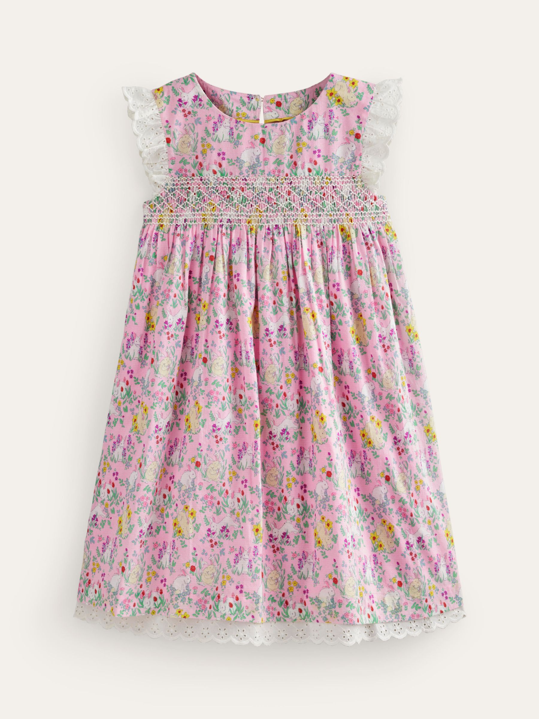 Mini Boden Kids' Bunny Print Smocked Lace Trim Dress, Pea Meadow at ...