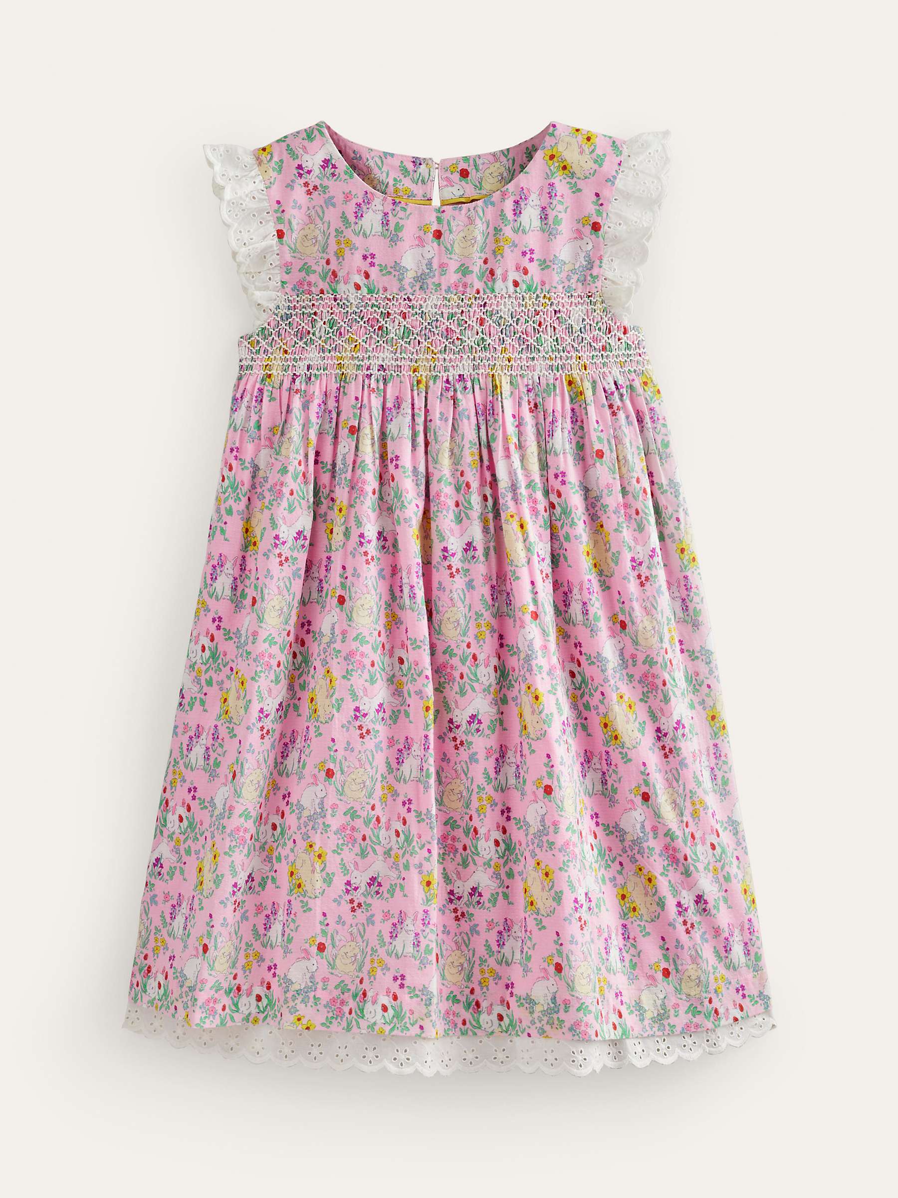 Buy Mini Boden Kids' Bunny Print Smocked Lace Trim Dress, Pea Meadow Online at johnlewis.com
