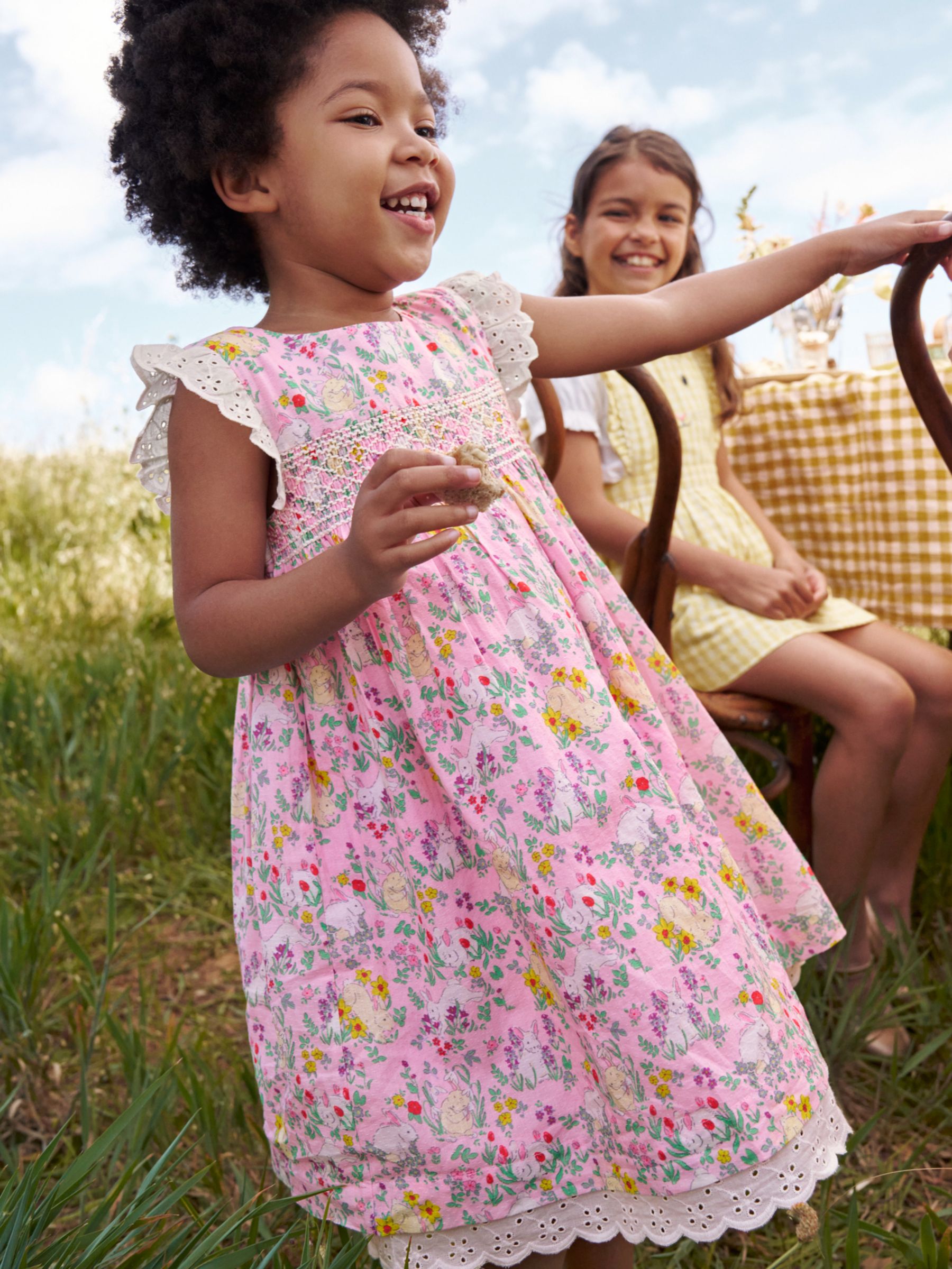Buy Mini Boden Kids' Bunny Print Smocked Lace Trim Dress, Pea Meadow Online at johnlewis.com