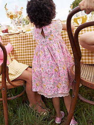 Mini Boden Kids' Bunny Print Smocked Lace Trim Dress, Pea Meadow