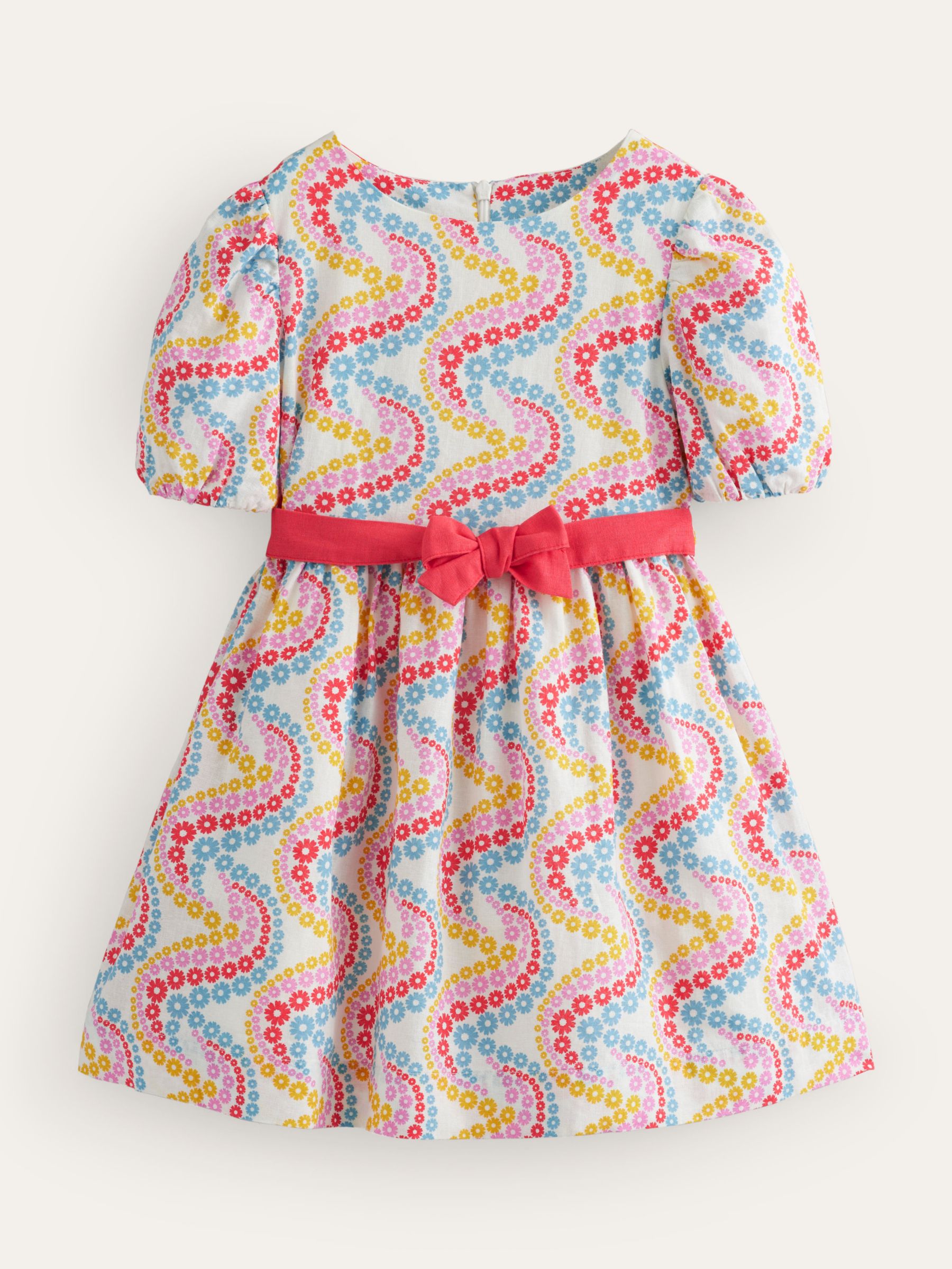 Mini Boden Kids' Floral Print Bow Linen Blend Vintage Dress, Multi Wave, 8-9 years