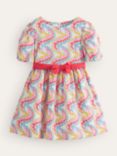 Mini Boden Kids' Floral Print Bow Linen Blend Vintage Dress, Multi Wave, Multi Wave