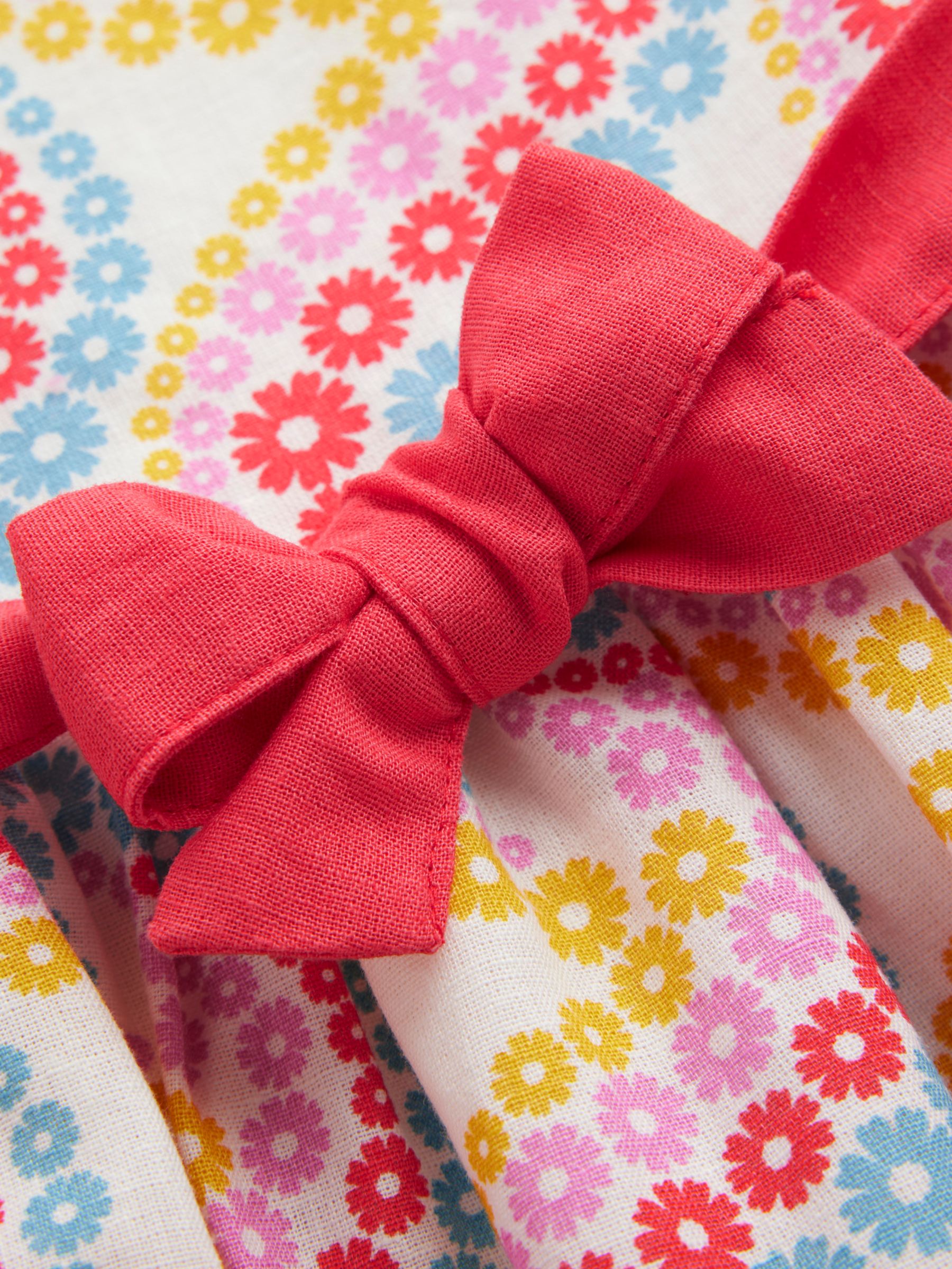Mini Boden Kids' Floral Print Bow Linen Blend Vintage Dress, Multi Wave, 8-9 years