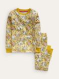 Mini Boden Kids' Snug Floral Bunny Print Long John Pyjamas, Spring Yellow, Spring Yellow