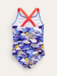 Mini Boden Kids' Cross Back Dolphin Print Swimsuit, Ultramarine