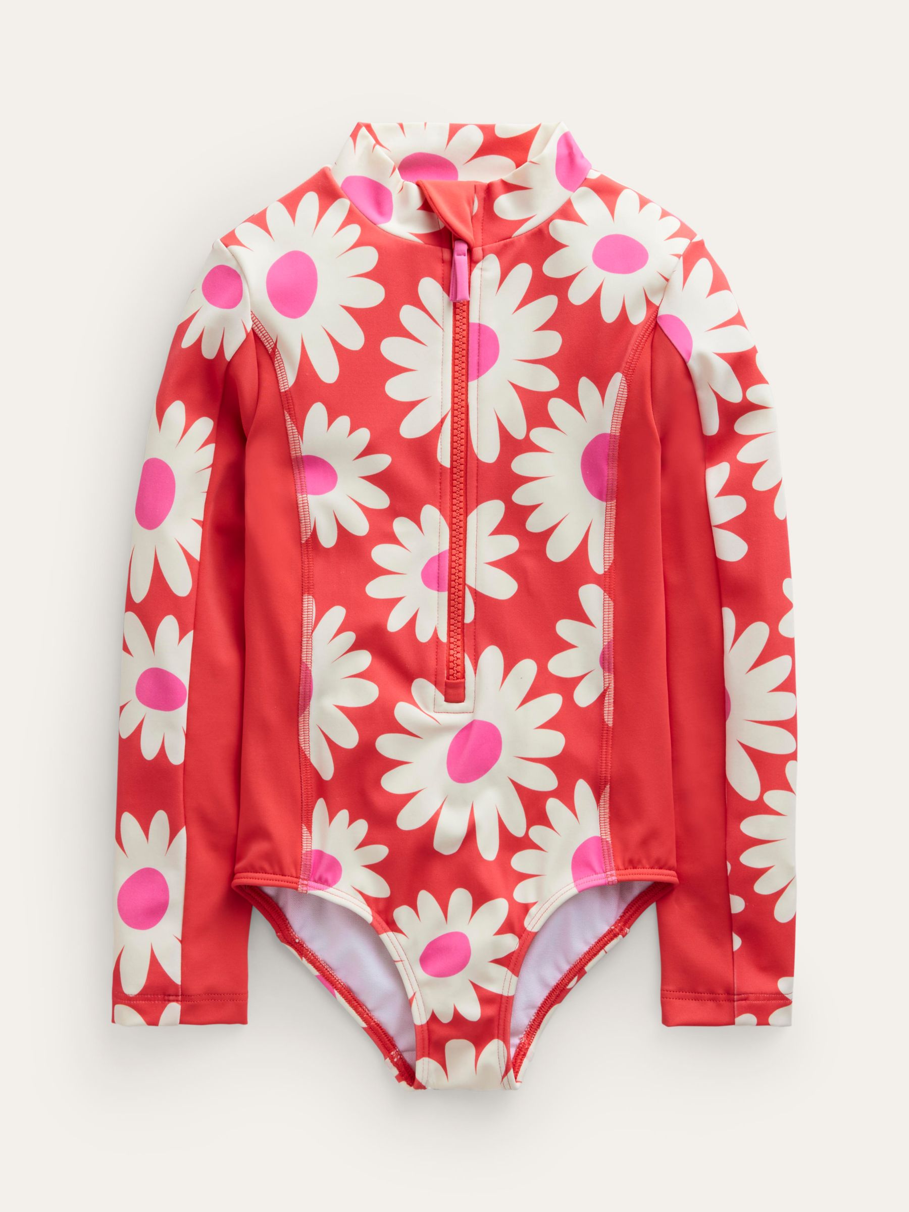 Mini Boden Kids' Floral Print Long Sleeve Swimsuit, Cayenne Red Daisy, 3-4 years