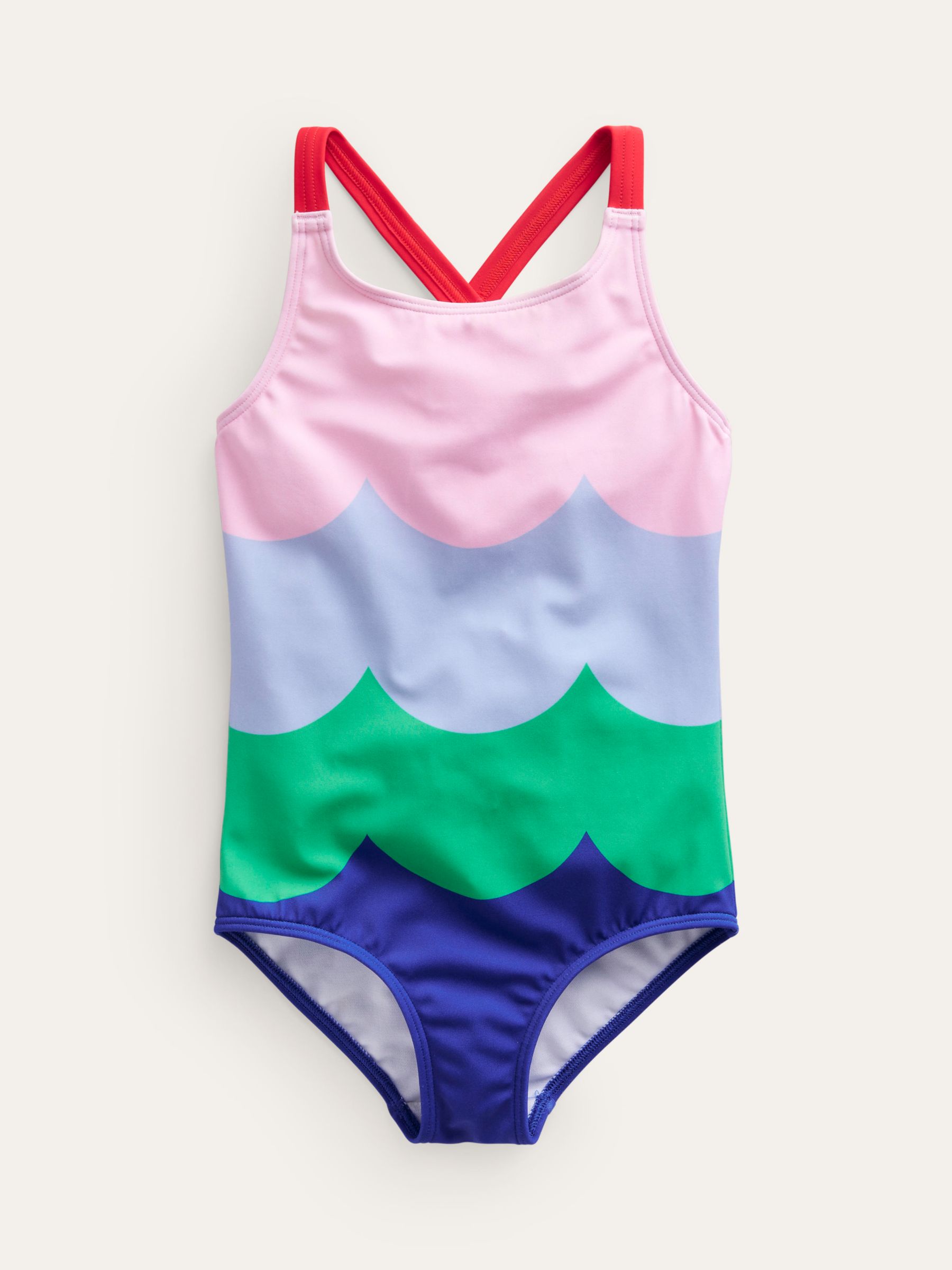 Mini Boden Kids' Cross-Back Wave Stripe Print Swimsuit, Multi, 3-4 years