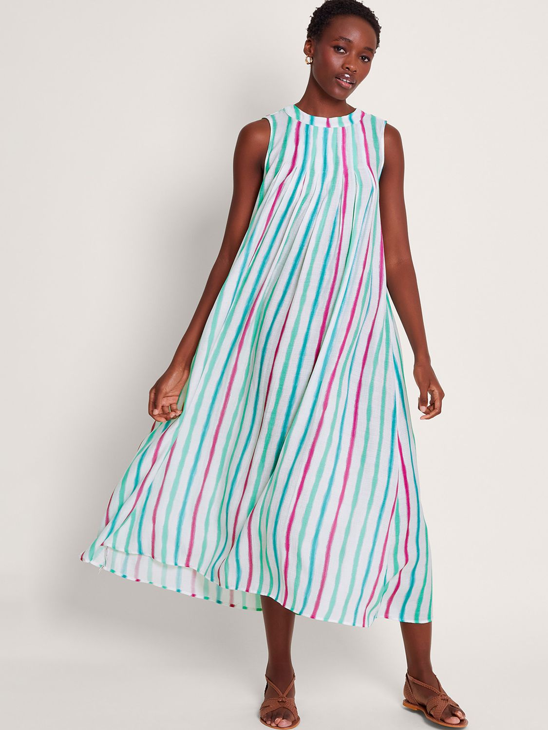 Monsoon Sally Striped Midi Dress, Ivory/Multi, S