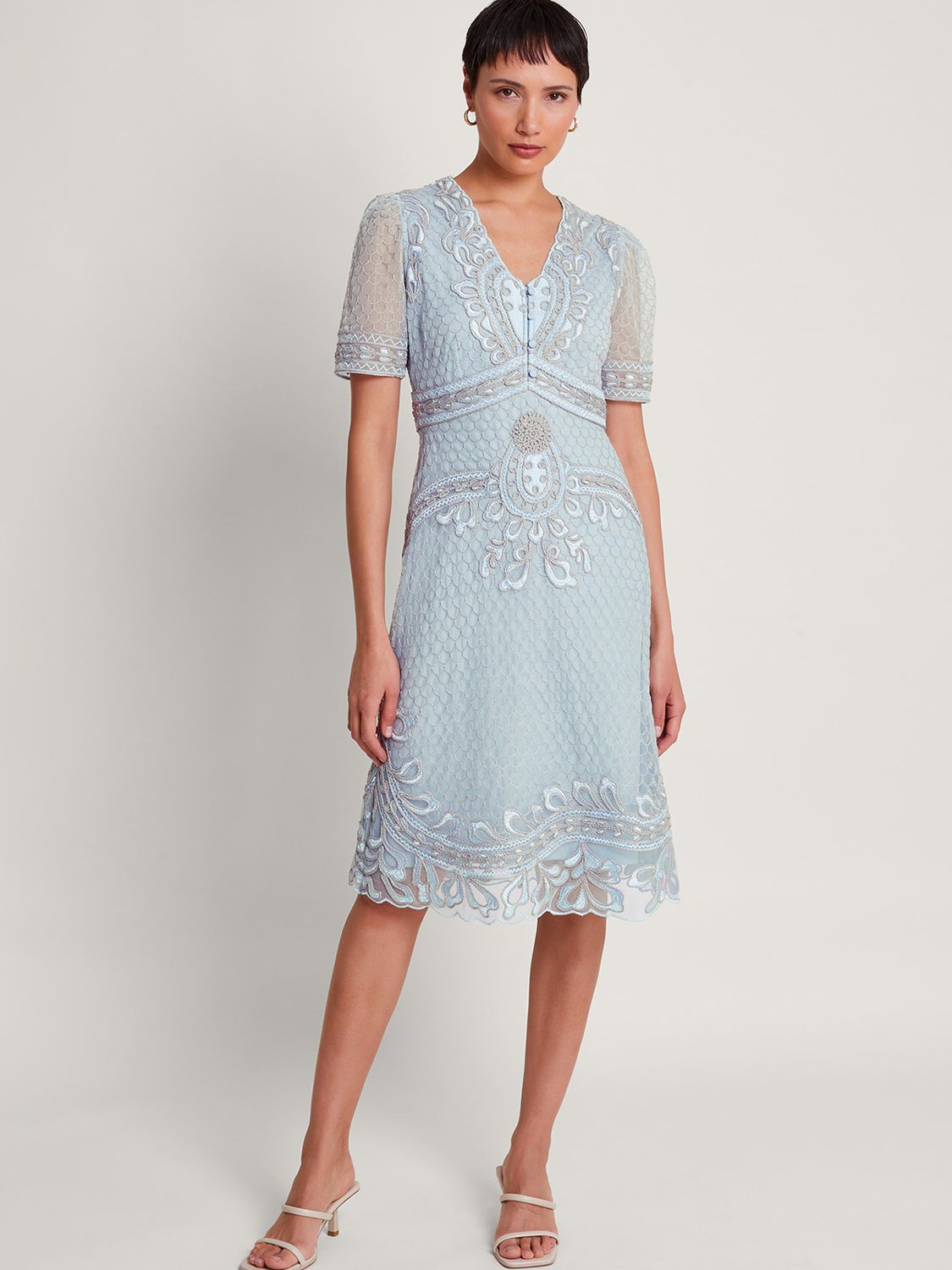 Monsoon Siena Embroidered Tea Dress, Blue, 8