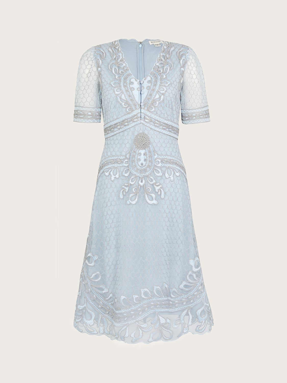 Monsoon Siena Embroidered Tea Dress, Blue, 8