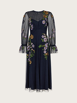Monsoon Phoebe Embroidered Tea Dress, Navy