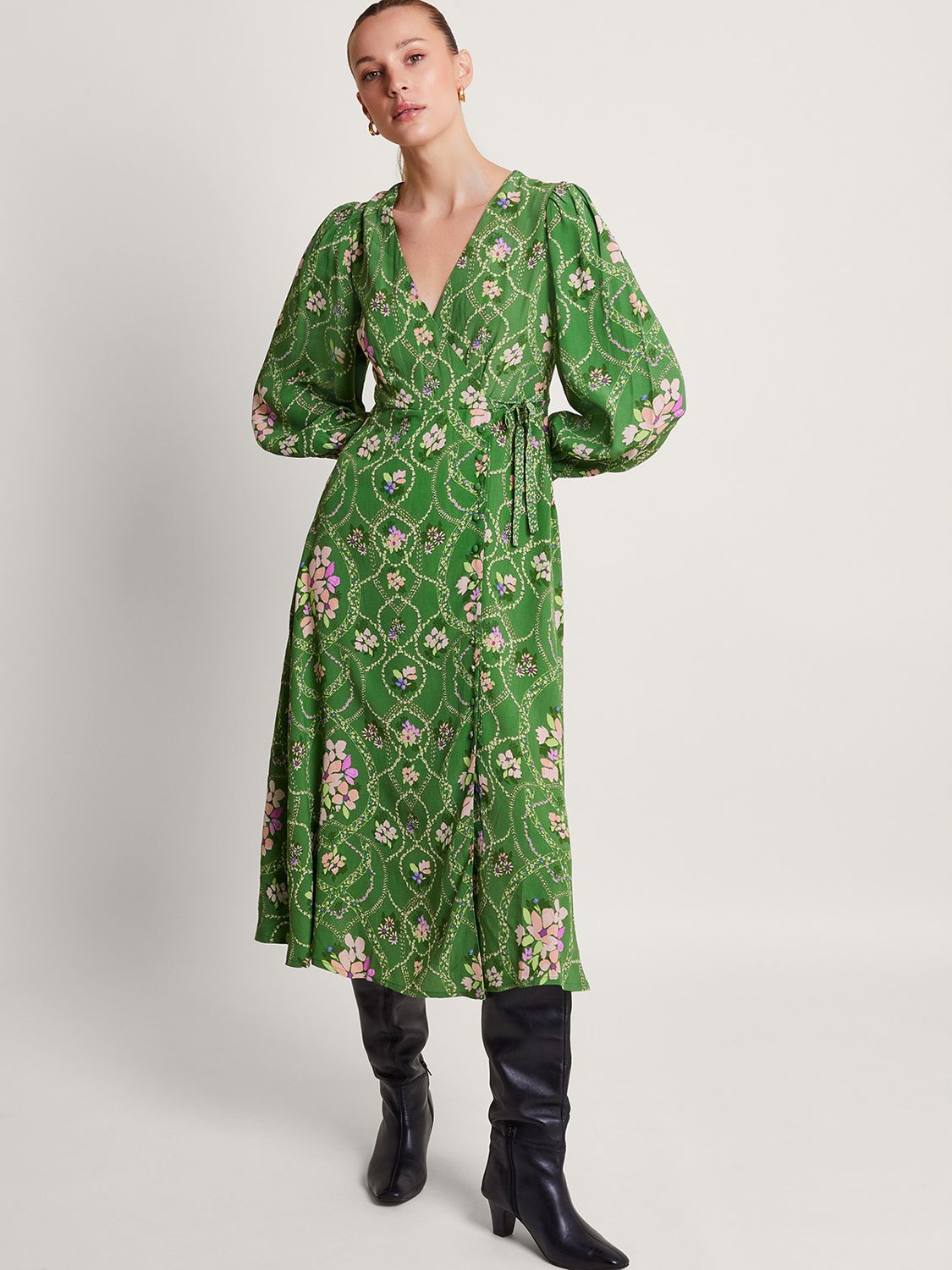 Monsoon Kira Wrap Midi Dress, Green at John Lewis & Partners