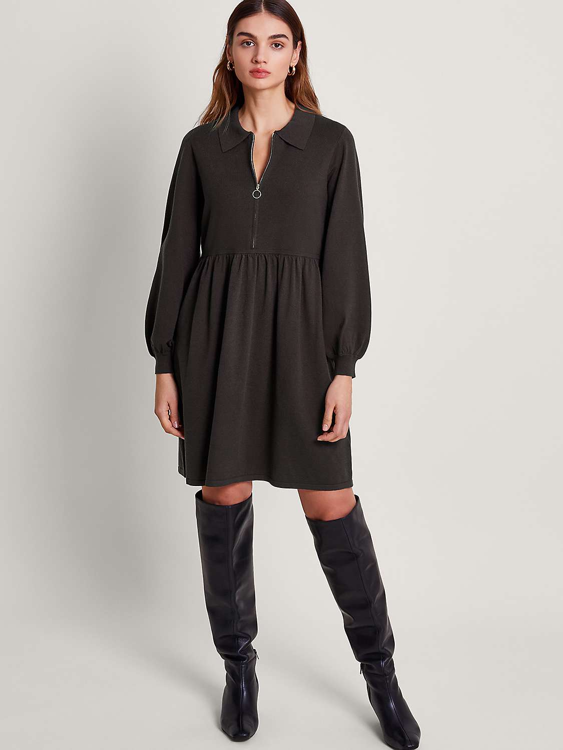 Buy Monsoon Zelda Zip Neck Dress, Charcoal Online at johnlewis.com